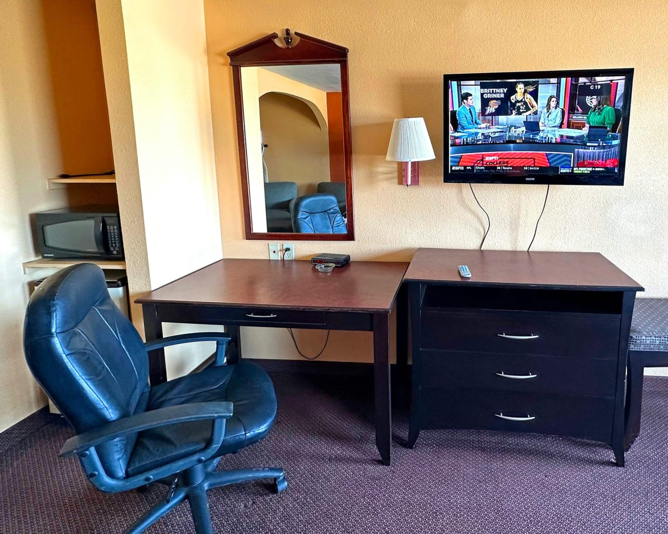 Guest room at Apollo Lodge featuring work desk, flat-screen TV, microwave, and office chair.