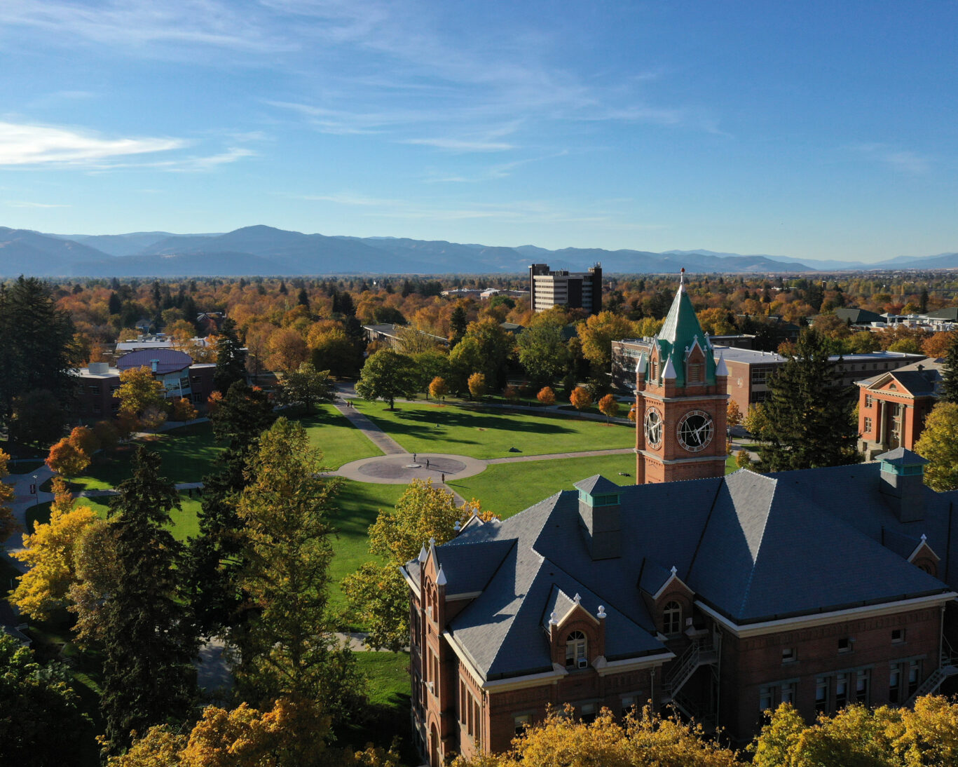 University of Montana campus with Main Hall and scenic fall foliage in Missoula