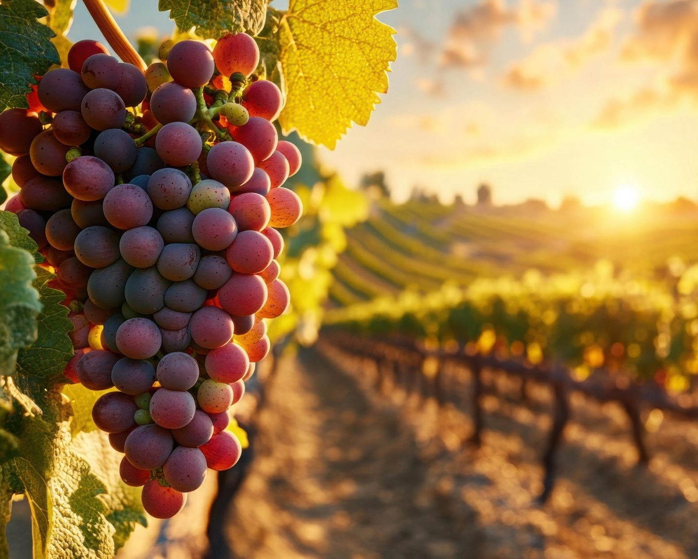 Sunset over Roanoke Vineyards with ripe grapes near Budget Host East End in Long Island