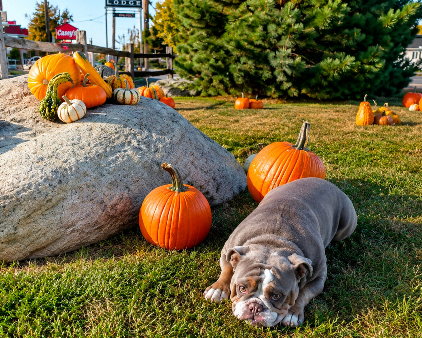 Fall pumpkin display on the front lawn at Drop-Tyne Lodge with a dog resting nearby.