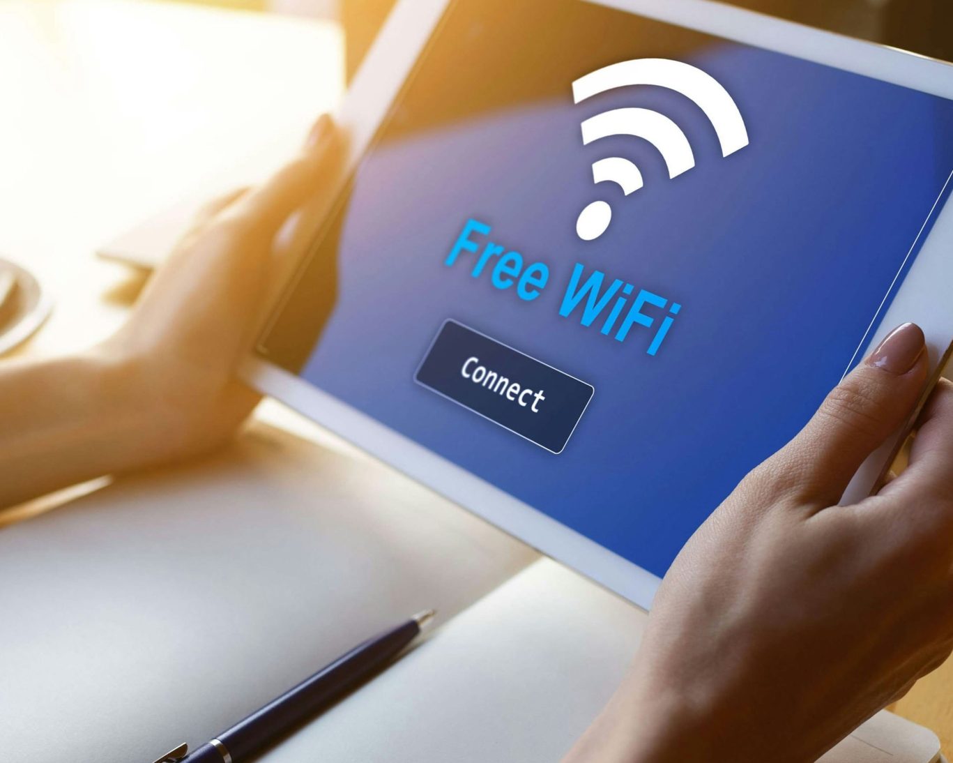 Tablet screen displaying free Wi-Fi connection available for guests at Hondo Executive Inn.
