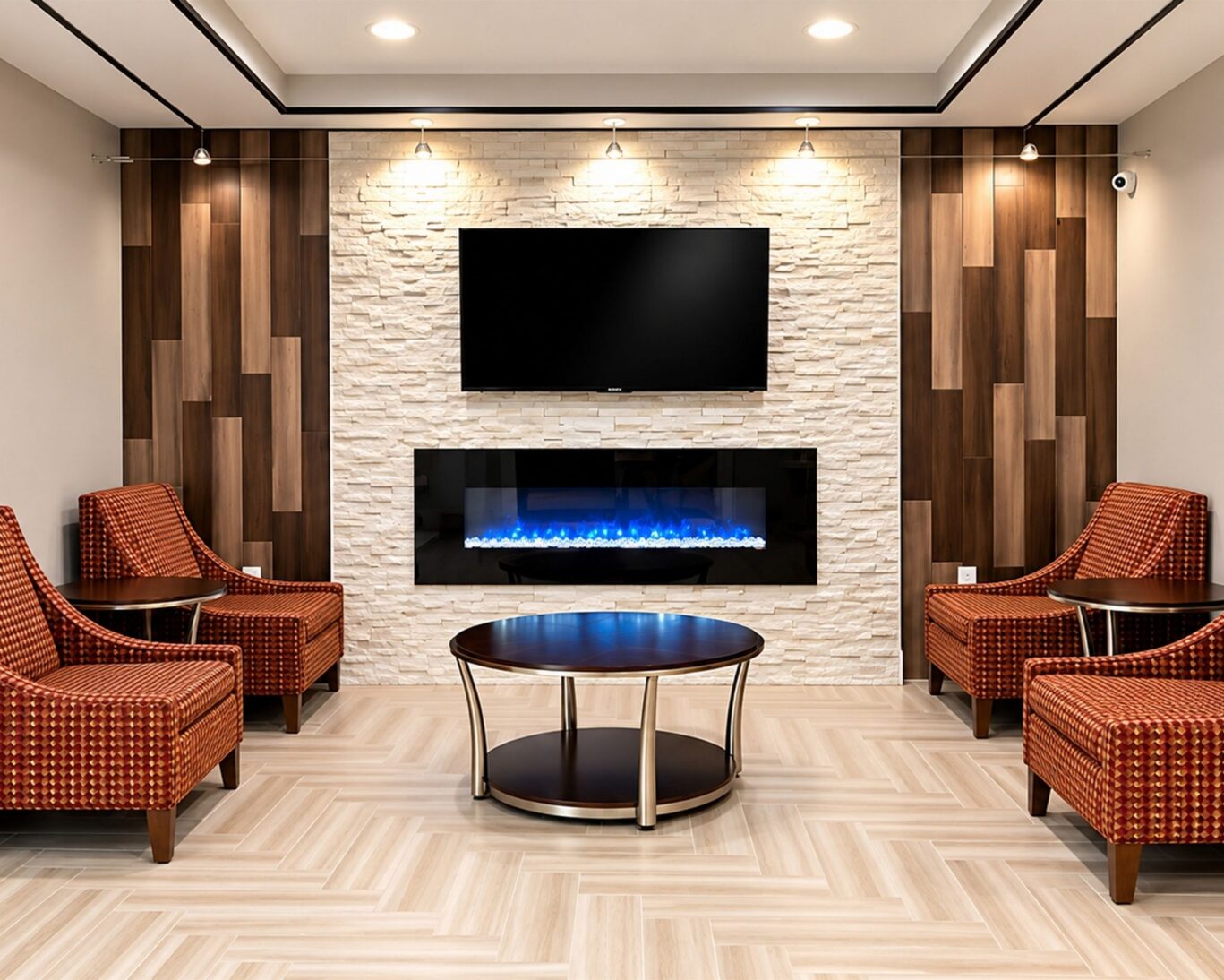 Modern hotel lobby at Executive Inn & Suites featuring a cozy seating area with table, fireplace and TV.