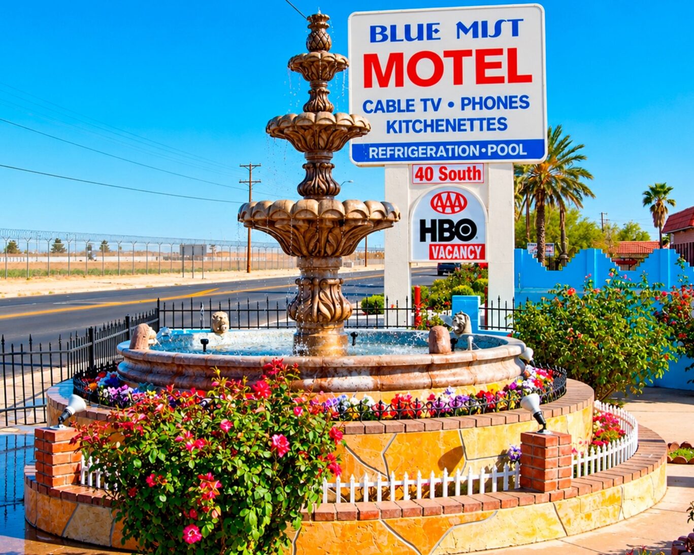 Front fountain and signage at Blue Mist Motel highlighting amenities and AAA rating.