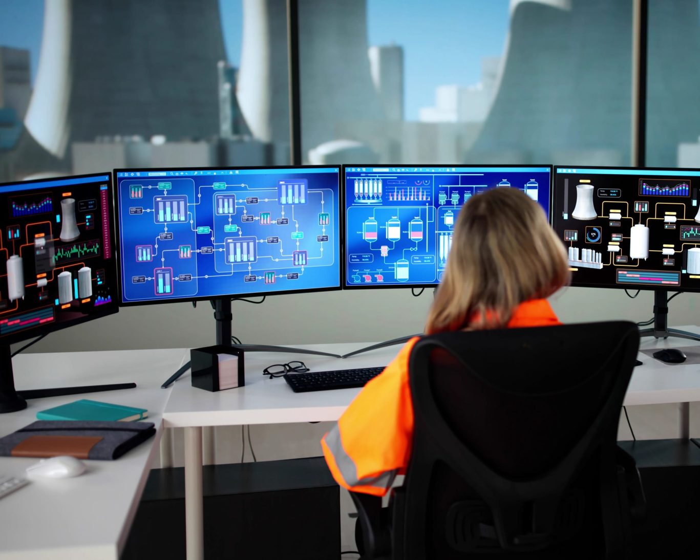 Engineer monitoring operations at River Bend nuclear power plant from control room with multiple data screens.