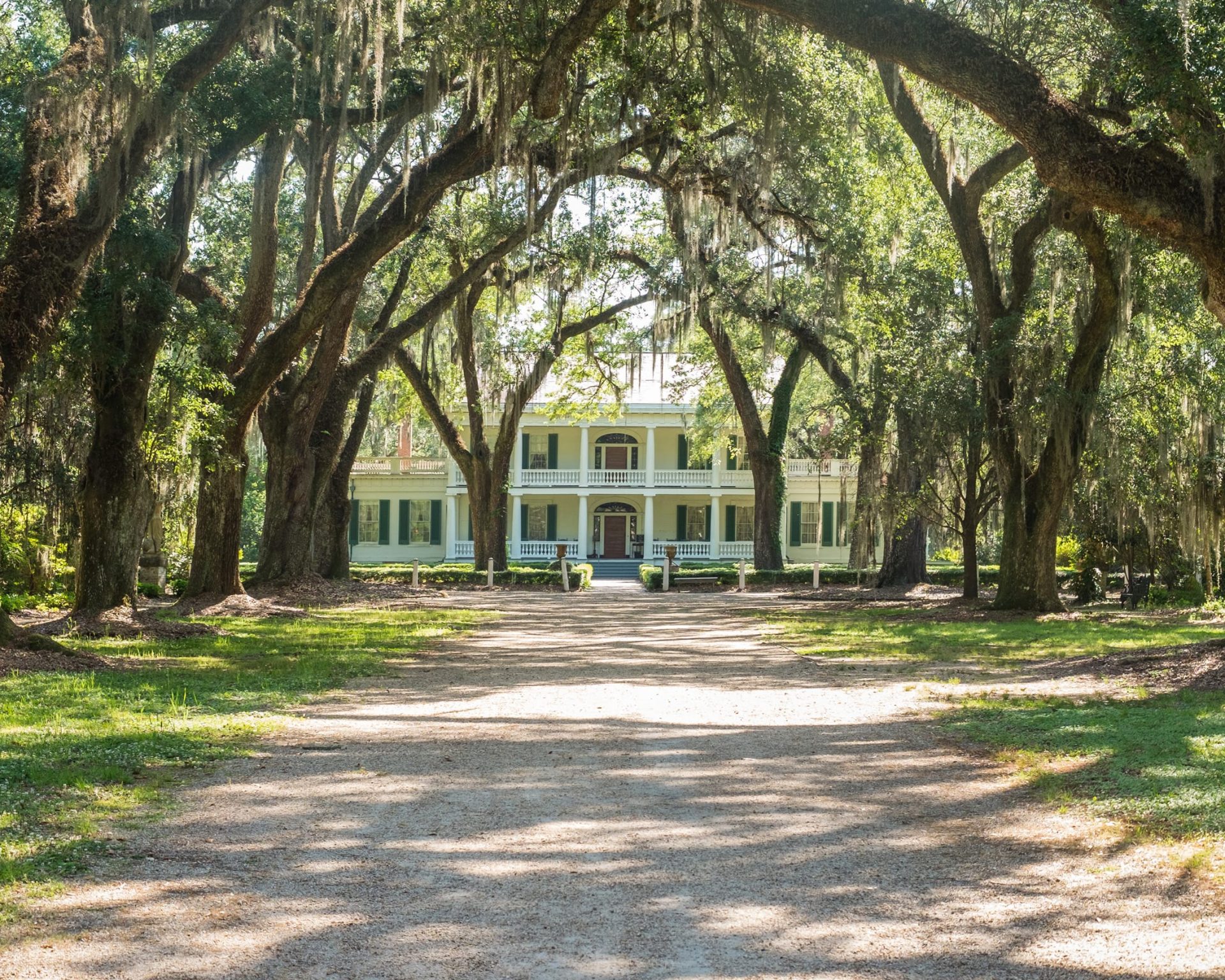 Majestic oak-lined entrance leading to the historic Rosedown Plantation home in St. Francisville, Louisiana.