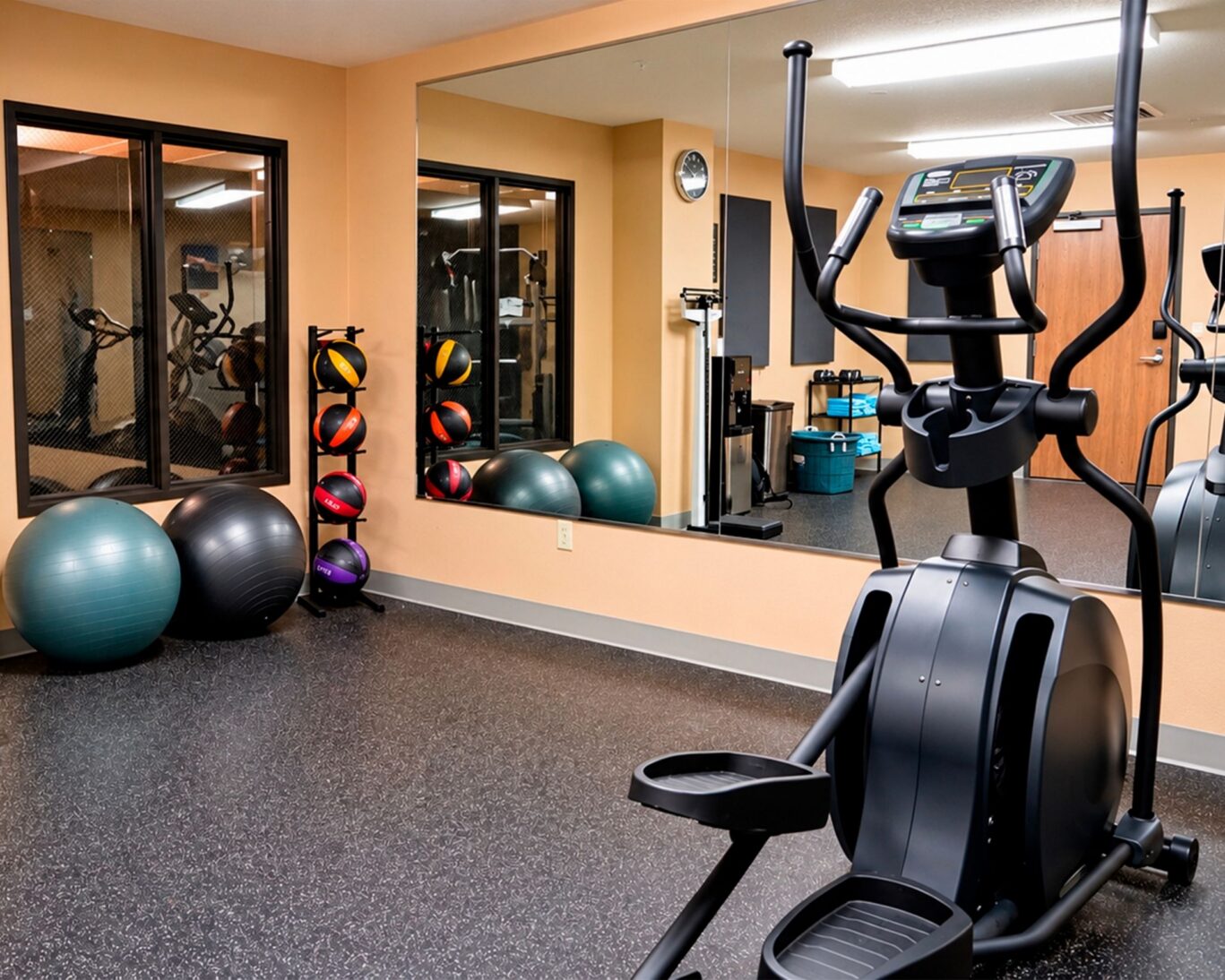Fitness room at Manitou Pikes Peak Hotel with an elliptical, stability balls, medicine ball rack, and mirror.