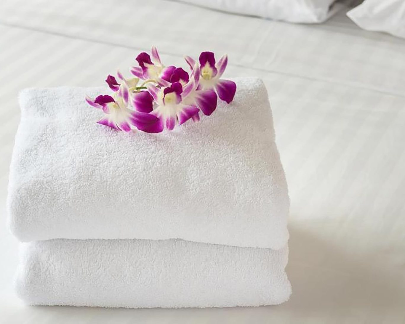 Neatly folded towels with purple orchid flower on bed at Rivera Inn & Suites Motel.