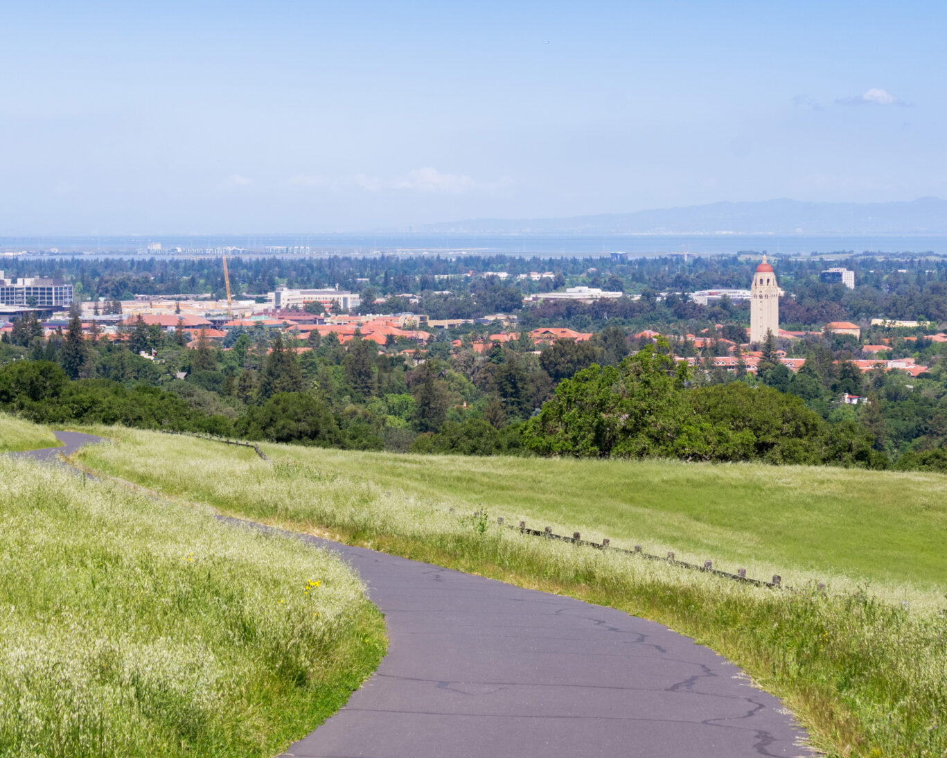 Panoramic view of Stanford University campus from Dish hiking trail in Palo Alto