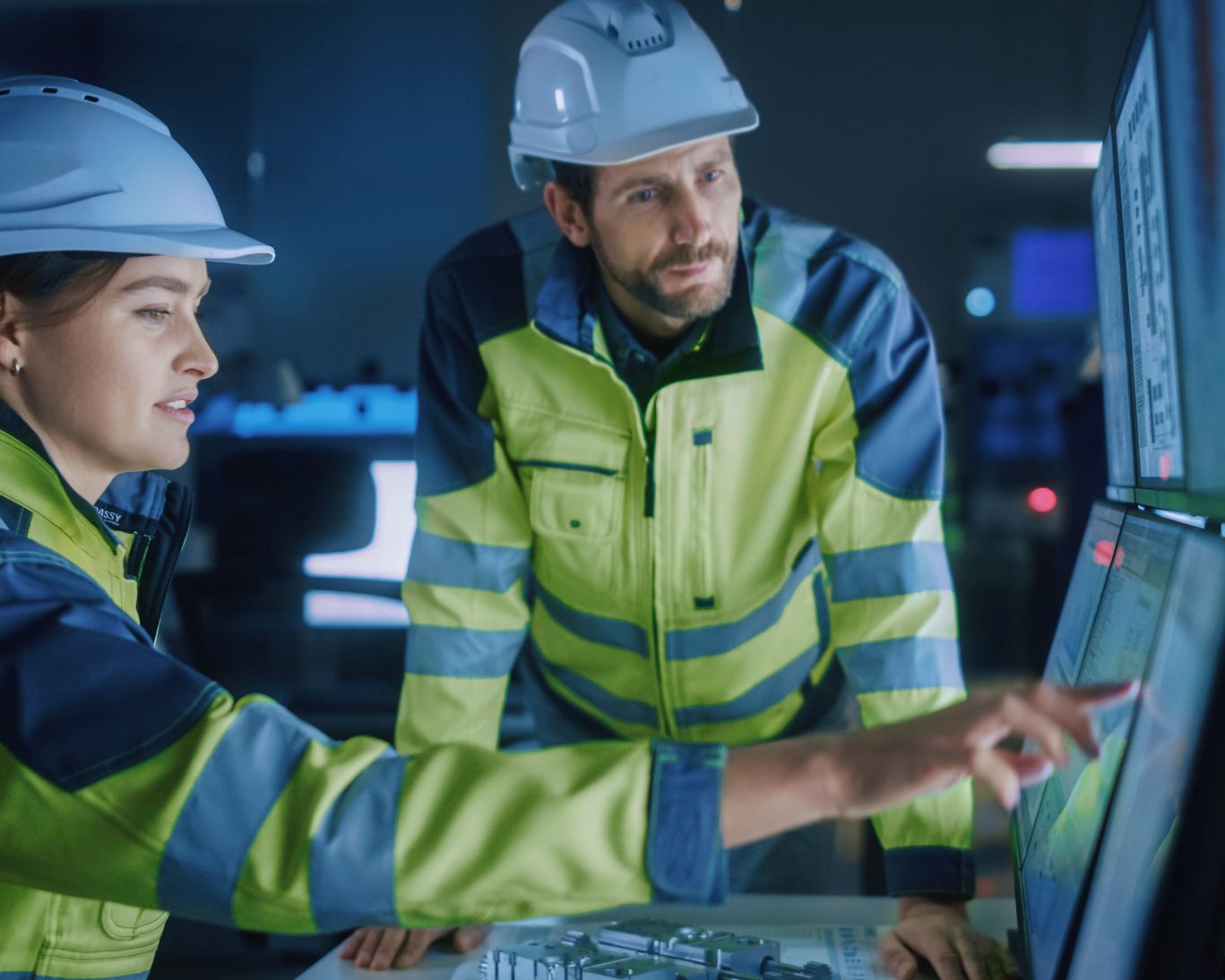 Engineers in reflective gear working at a modern manufacturing facility in Georgia