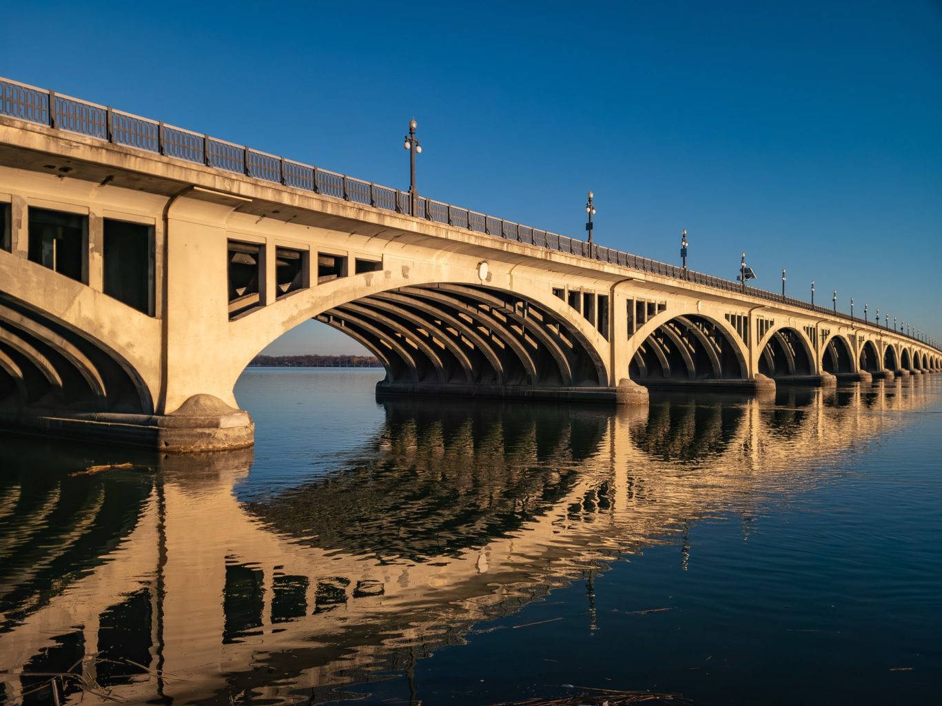 Sunlit view of Belle Isle Bridge over the Detroit River, Michigan.
