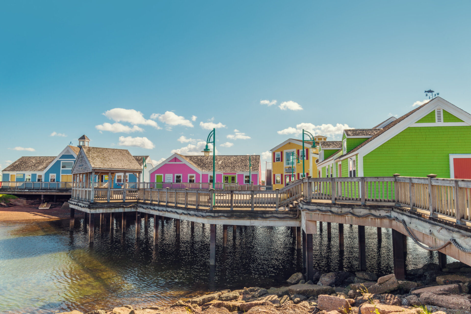 Colorful waterfront buildings in Summerside, Prince Edward Island, Canada on a bright day