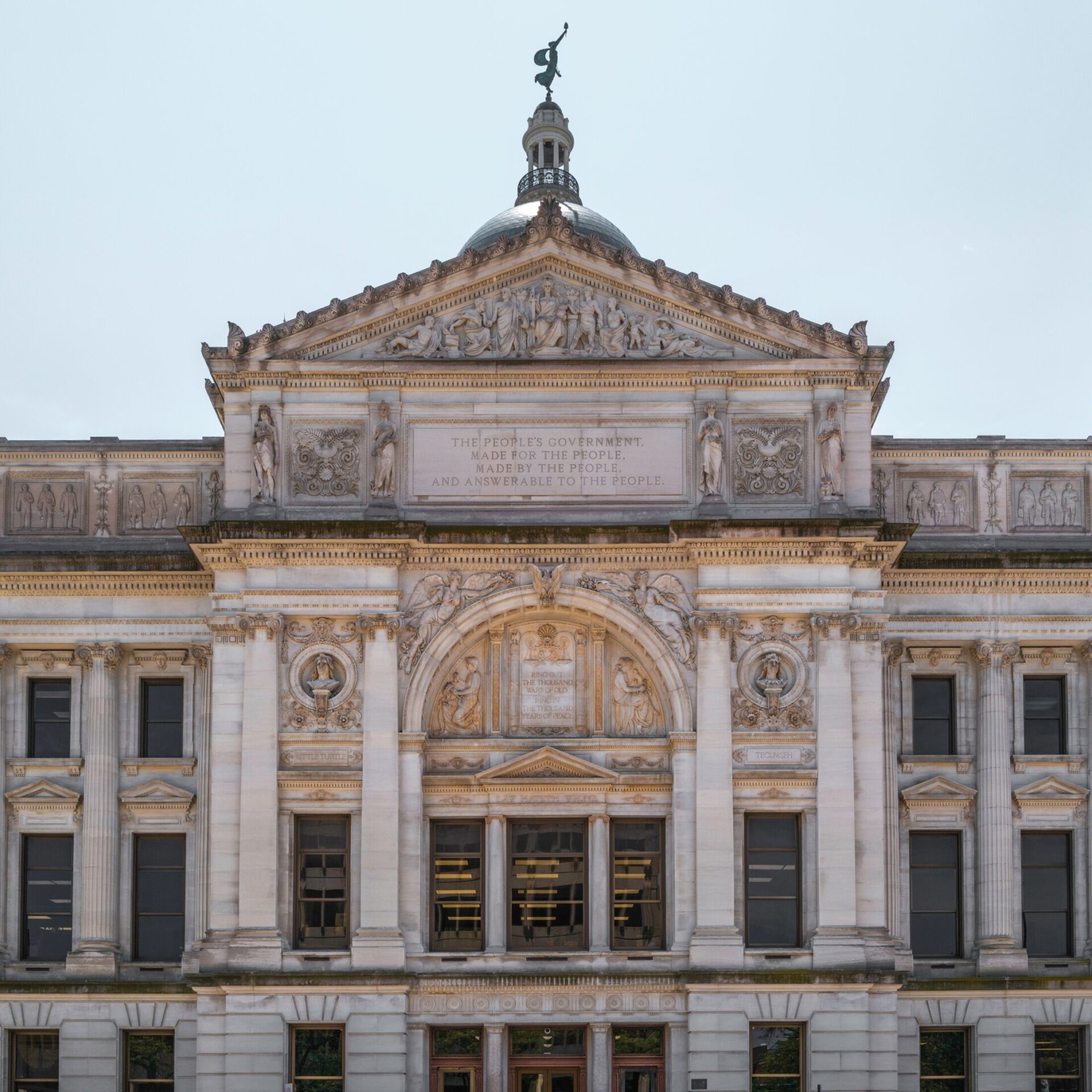 Front facade of Fort Wayne Old City Hall Building in downtown Fort Wayne, Indiana